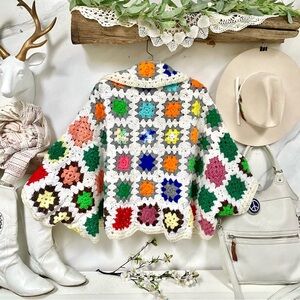 Artisan Granny Square boho shrug kimono cover up w farmhouse prairie vibe